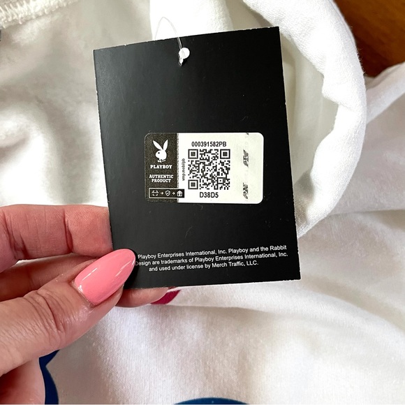 PLAYBOY Tennis Hoodie Unisex SIZE X-LARGE White Navy Logo Hooded Sweatshirt NWT - Picture 10 of 11